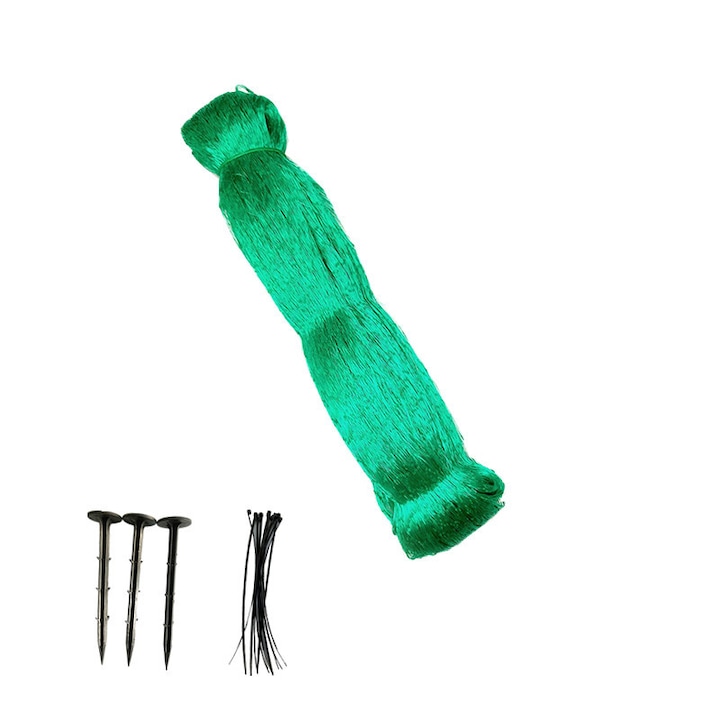 Plasa Anti-pasari 4 x 10m din polietilena, Nierbo®, ochiuri de 1.5 x 1.5 cm, Cu crampoane de podea si curele, verde