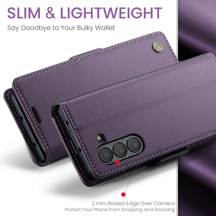 Samsung Galaxy Z Fold5, CaseMe tok, vékony, bőr, pénztárca típus, álló, biztonságos mágneses záródás, puha textúra és markolat a kézben, RFID védelem, Mályvaszínű