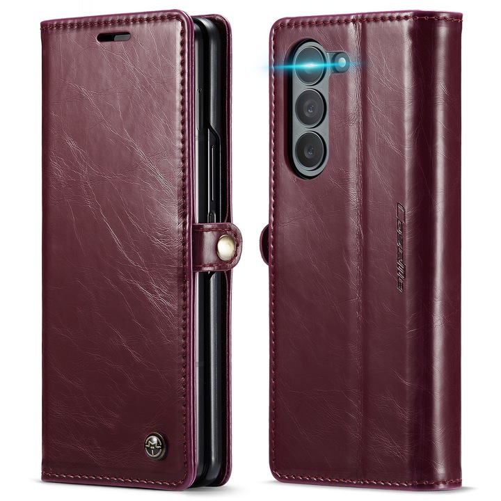 Калъф за Samsung Galaxy Z Fold5, CaseMe, фина кожа, тип портфейл, стойка, Бордо магнитно закопчаване, бордо