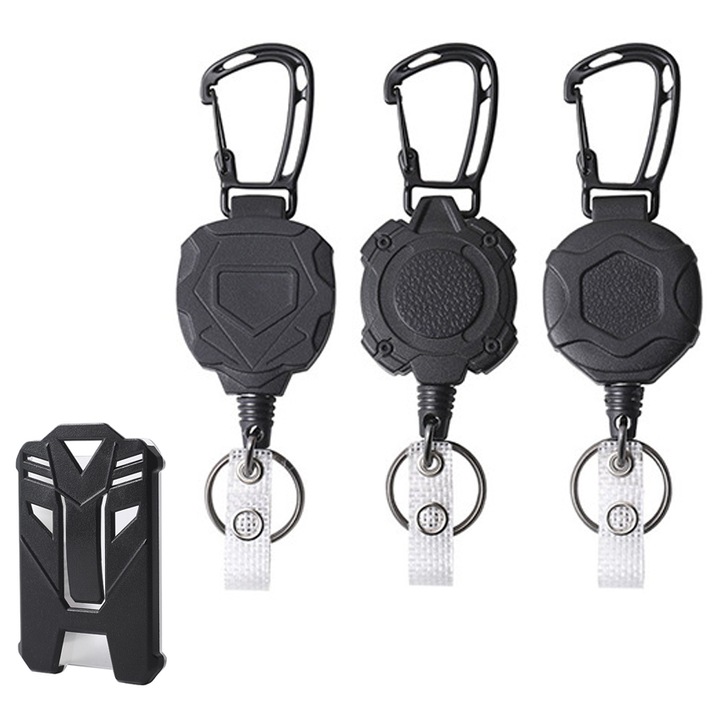 Set 4 carabiniere de alpinism, Chucai, Anti-rugina si anti-alunecare, Durabil si sigur, Rola retractabila metalica cu fir metalic si clips, Negru