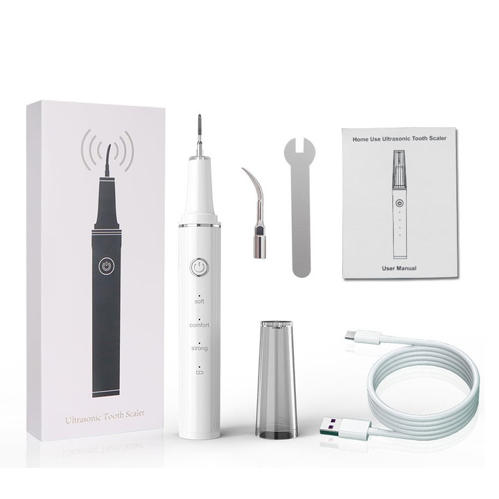 MaGeCa ultrahangos fogtisztító, eltávolítja a fogkövet és a foltokat, 3 sebességfokozat, vízálló, USB Type-C töltés, fehér színű