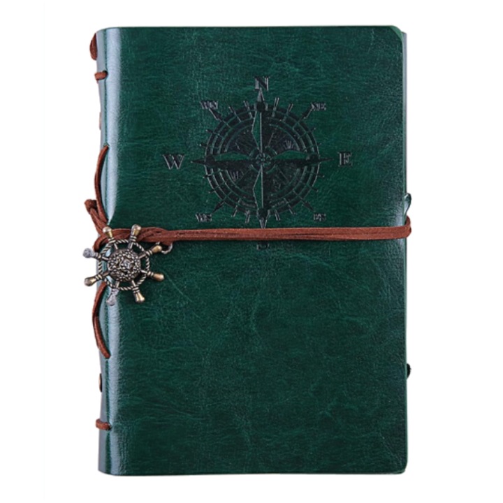 Кожен дневник във винтидж стил, 80 страници, с подвижно дъно, зелен, A6