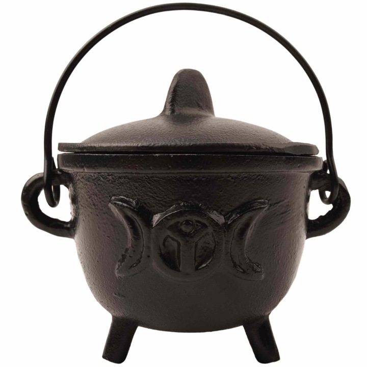 Ceaun "Cauldron" din Fonta cu design Triple Moon, cu Capac si Maner - Cazan de Vrajitoare, Ideal pentru Arderea Tamaii pe Carbune si Smudging cu Salvie