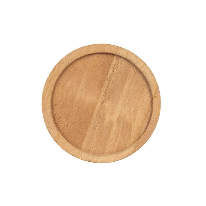 Set 4 suporturi pentru pahare, din lemn, rotund cu margine, maro, 11 cm