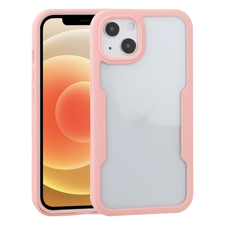 Husa 360 grade compatibila cu Apple iPhone 13, Cu protector de ecran inclus, Rezistenta la socuri, Anti-ingalbenire, Anti-zgarieturi, Durabila, Margini inaltate de 3mm, Albastru/Transparent