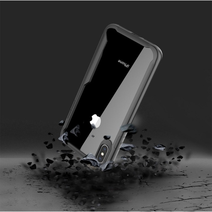360 градусов калъф, съвместим с Apple iPhone X / XS, С включен протектор за екрана, Устойчив на удар, Против пожълтяване, Против надраскване, Издръжлив, 3 mm повдигнати ръбове, Черен/Прозрачен