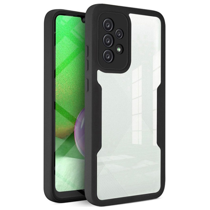 360-градусов калъф, съвместим с Samsung Galaxy A52 / A52s, с включен протектор за екран, удароустойчив, против пожълтяване, против надраскване, издръжлив, 3 mm повдигнати ръбове, черен/прозрачен