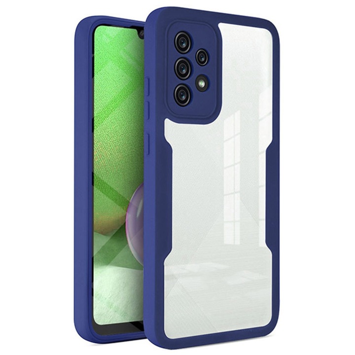 Husa 360 grade compatibila cu Samsung Galaxy A33 5G, Cu protector de ecran inclus, Rezistenta la socuri, Anti-ingalbenire, Anti-zgarieturi, Durabila, Margini inaltate de 3mm, Negru/Transparent