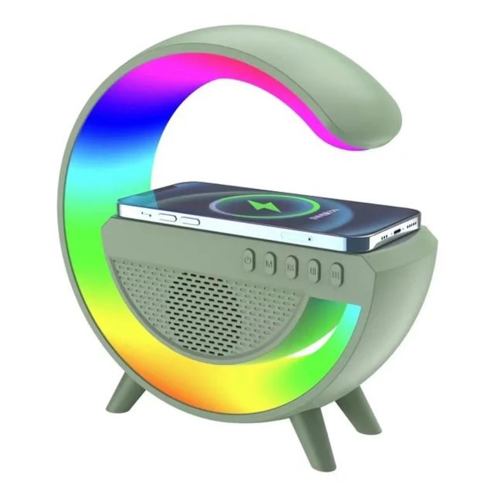 Boxa multifunctionala 3-in-1, incarcator telefon wireless, lampa LED, lumina ambientala RGB care schimba culoare, difuzor Bluetooth, verde