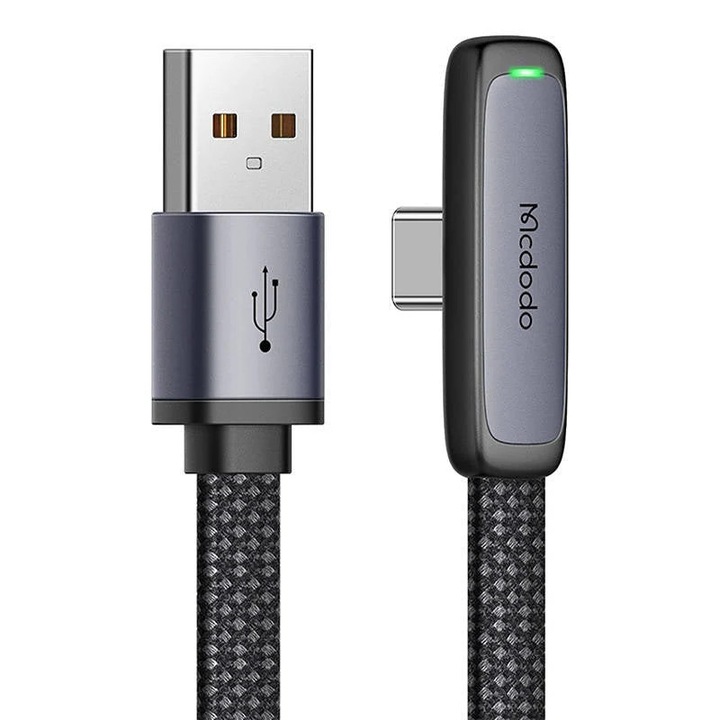 Cablu pentru incarcare si transfer date Mcdodo CA-3341, USB/USB-C, 100W, 6A, 1.8m, Unghi incarcare 90 grade, Negru