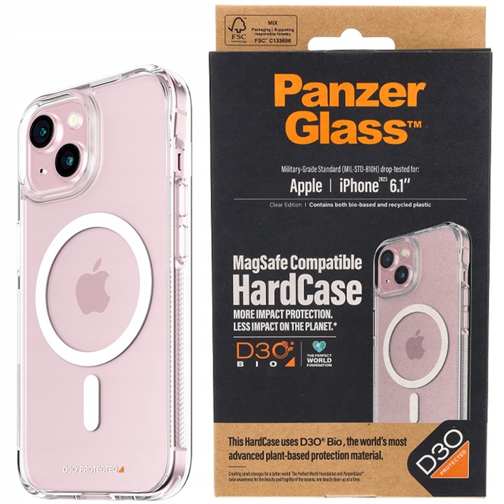 Протектор за гръб Panzer D30 Hard Case MagSafe, Съвместим за iPhone 15, Прозрачен