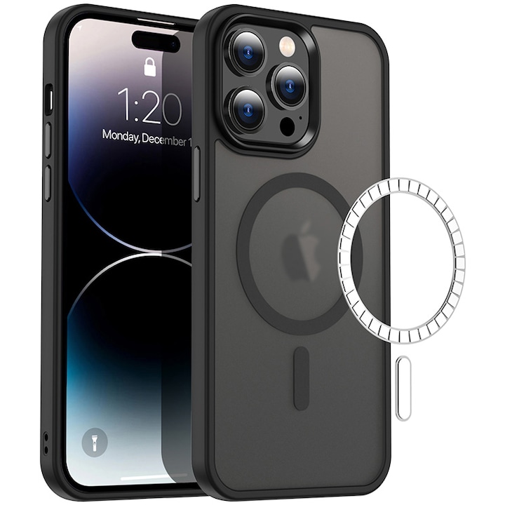 Husa de protectie A+ pentru iPhone 15 Pro Max, semitransparenta, magnetic, Black