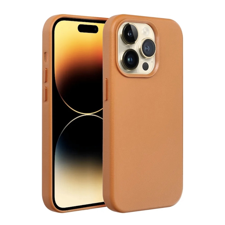 Протектор за Apple iPhone 15 Pro, Leather Case, Camera Ultra Safe, Mag Cover, Optim Solution, оранжев