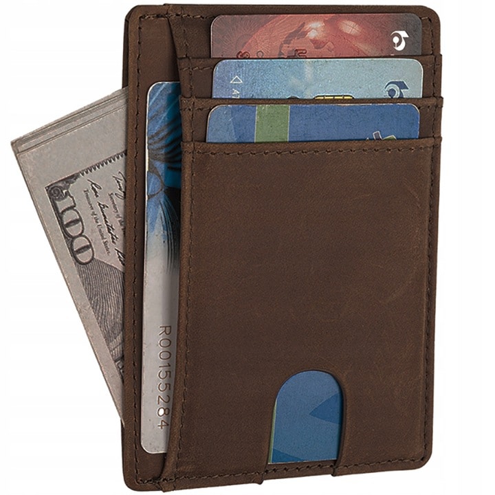 Bőr férfi pénztárca, vékony 1,5 cm, kettéhajtható hitelkártya tartó RFID blokkolással, barna, 11 x 8 x 1,5 cm