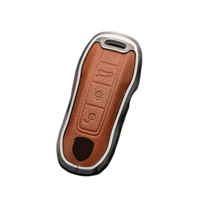 Alumínium tok barna bőrrel a Porsche Cayenne 9YA Panamera 971 911 9YA Boxster kulcshoz