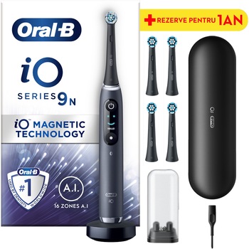 Periuta de dinti electrica Oral-B iO9 cu Tehnologie Magnetica si Micro-Vibratii, Inteligenta artificiala, Display led, Senzor de presiune Smart, 7 moduri, 1 capat, Suport rezerve, Trusa de calatorie cu incarcator, Negru + 4 capete de periaj