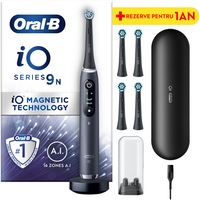 Periuta de dinti electrica Oral-B iO9 cu Tehnologie Magnetica si Micro-Vibratii, Inteligenta artificiala, Display led, Senzor de presiune Smart, 7 moduri, 1 capat, Suport rezerve, Trusa de calatorie cu incarcator, Negru + 4 capete de periaj