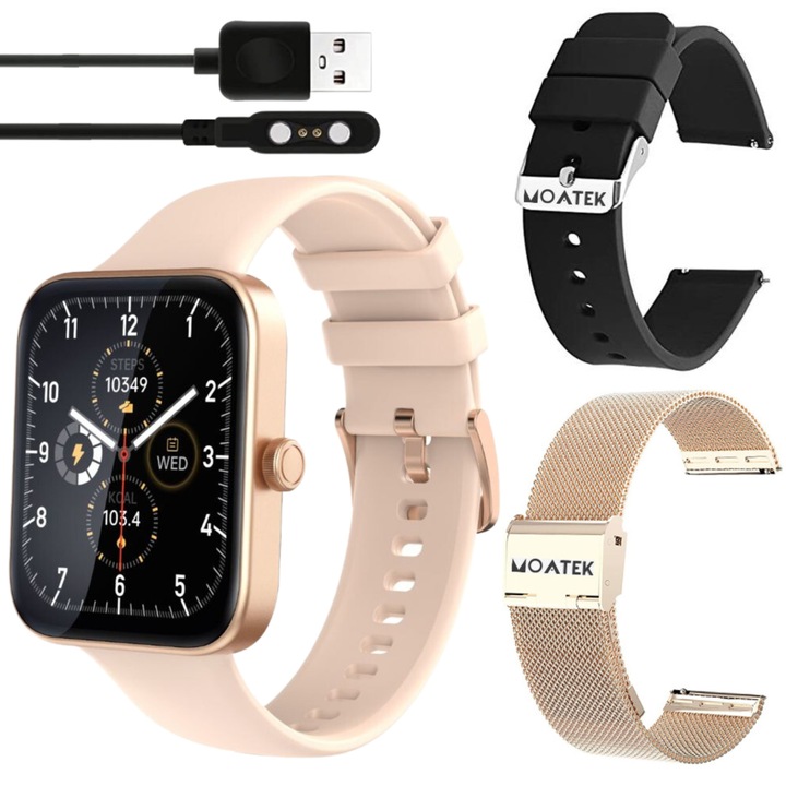 MOATEK okosóra, Always on display, fizikai aktivitás monitorozás, pulzus, lépésszámláló, alvás, 3 szíj a csomagban, aranyszín