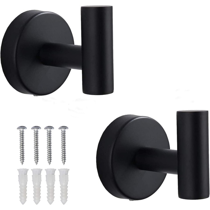 2 db törülközőtartó készlet, Jormftte, Rozsdamentes acél, 5,8 x 6,5 cm, Fekete