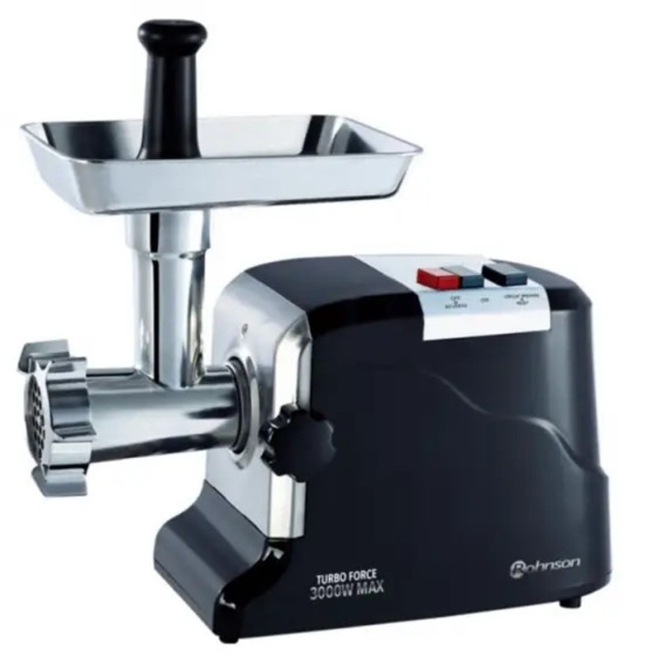 Masina de tocat carne Rohnson R5410 Turbo Force, 3000W, capacitate 1.6kg/ min, angrenaje metalice, motor din Cuptu, reverse, spatiu de depozitare, panou frontal inox, 3 site metalice, accesorii carnati si kebbe, 85 dB