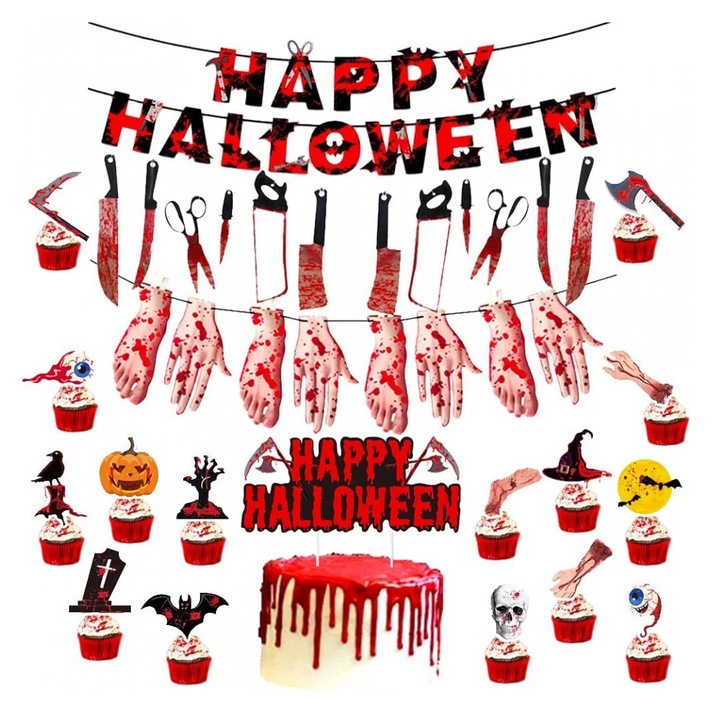 Комплект банери с 19 Hiloly Хелоуин декорации, хартия/PVC, червено/черно, 3 м