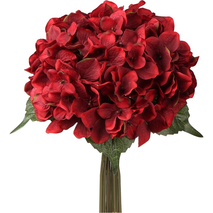 Изкуствен букет QttvbTna, 9 глави хортензия, листа, червени, вързани с трева рафия