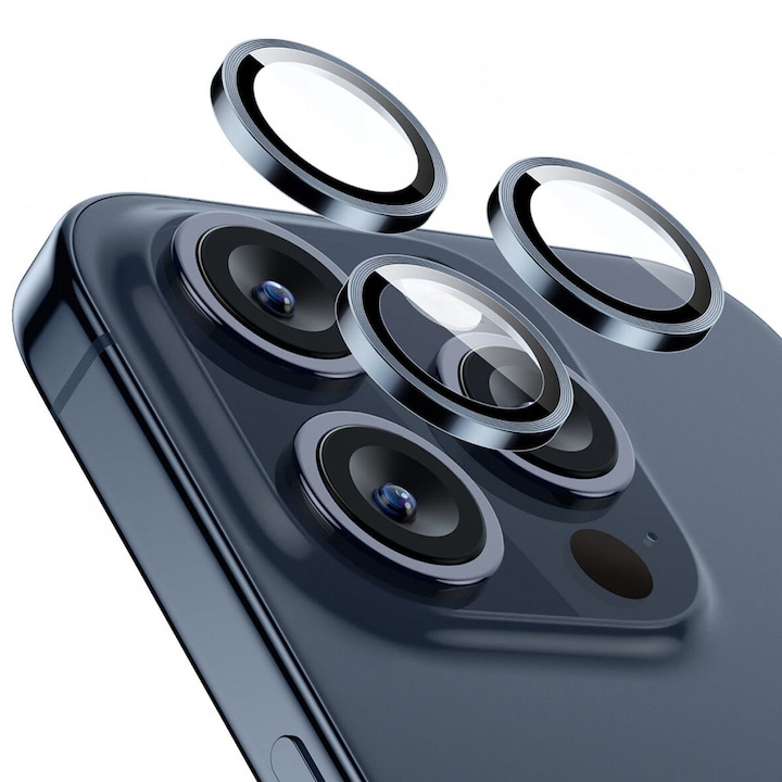 Apple iPhone 15 Pro / 15 Pro Max készülékkel kompatibilis lencsevédő fólia, Secure Glass az objektívhez, Védett kamera, FullHD Ultra technológia, kék
