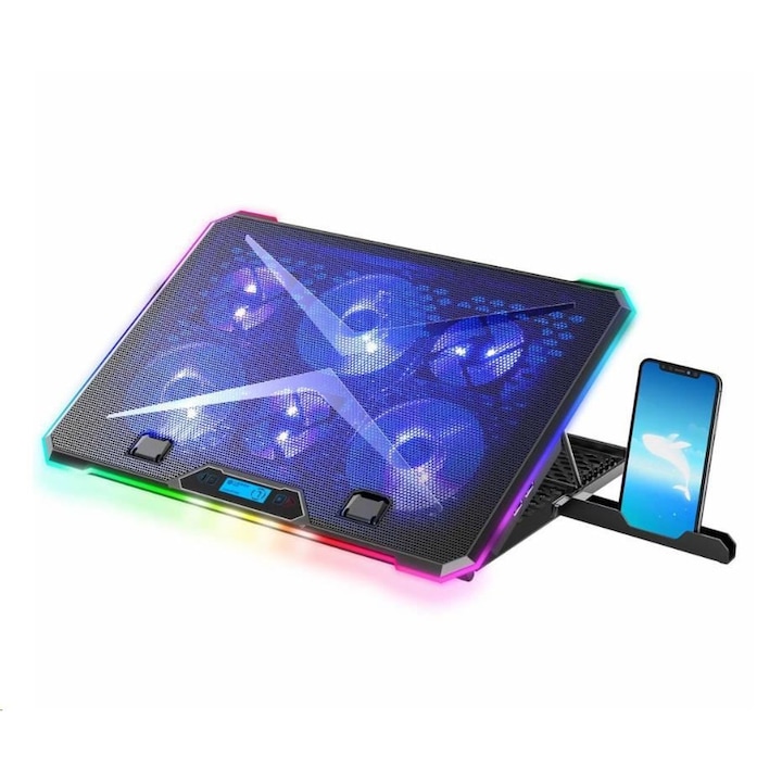 Cooler Laptop Ice Coorel K15 RGB, Gaming, 17 inch, 6 ventilatoare, Universal, 9 Trepte de ajustare, Negru