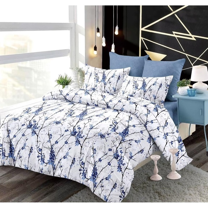 Finom gumírozott ágynemű, 2 személyes ágy, 6 részes, fehér virágos, friss otthon01