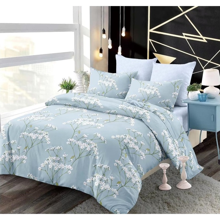 Фино спално бельо с ластик, Легло за 2 човека, 6 части, Светло синьо на цветя, Fresh Home23