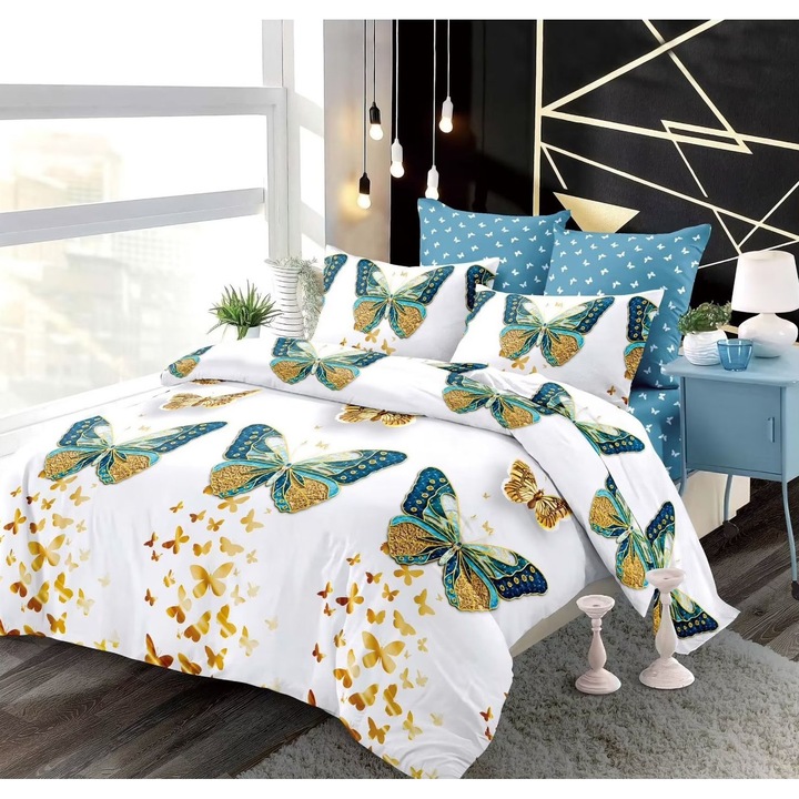 Finom gumírozott ágynemű, 2 személyes ágy, 6 db, Fehér/Kék, Pillangómintás, Friss Otthon29
