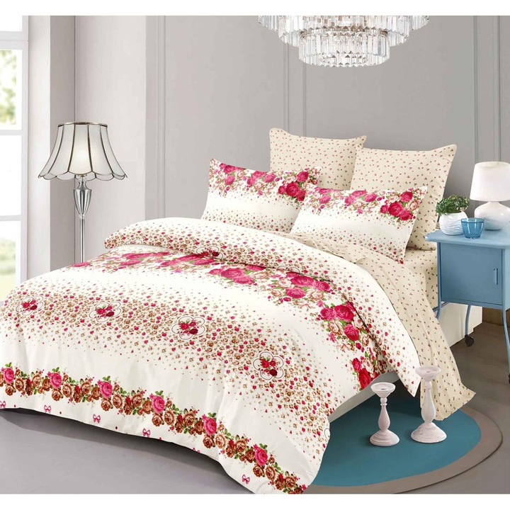 Фино спално бельо с ластик, Легло за 2 човека, 6 части, Праскова, Цветен принт, Fresh Home30