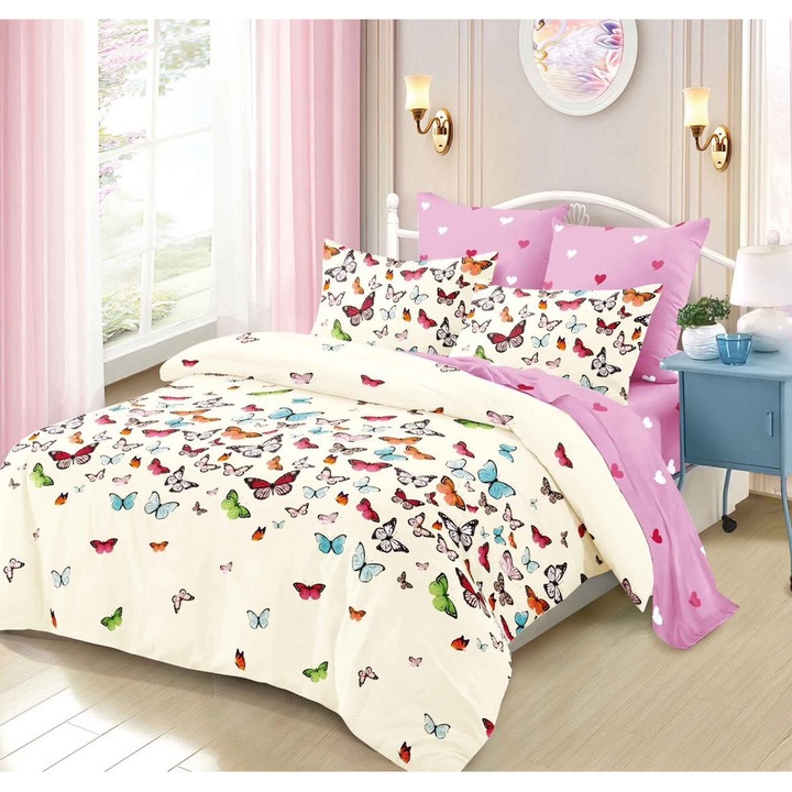 Finom ágynemű gumival, Franciaágy, 6 db, Rózsaszín, Pillangómintás, Fresh Home31