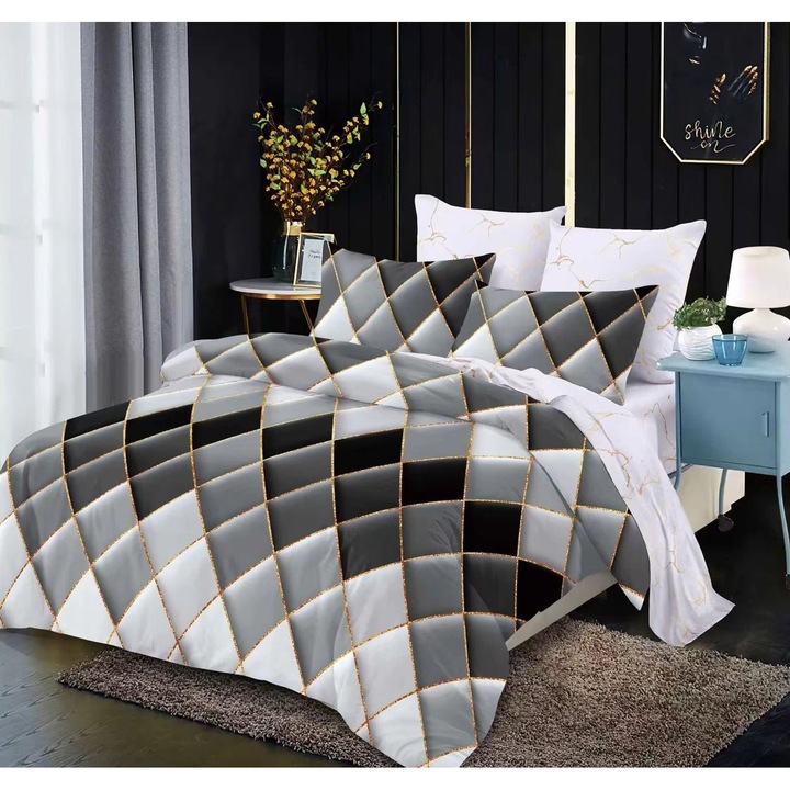 Фино спално бельо с ластик, Легло за 2 човека, 6 части, Сиво каре, Fresh Home38