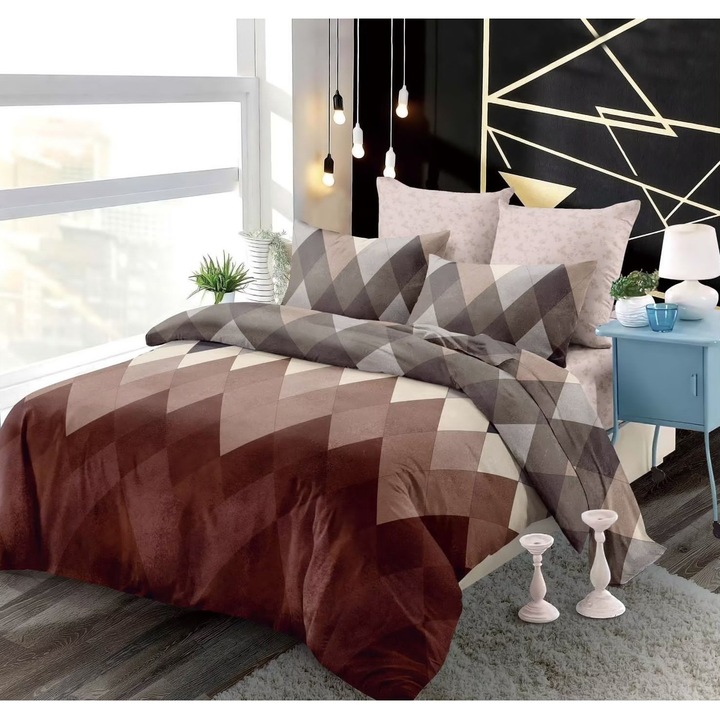 Finom vastag ágynemű gumival, Franciaágy, 6 db, Barna kockás mintával, Fresh Home41