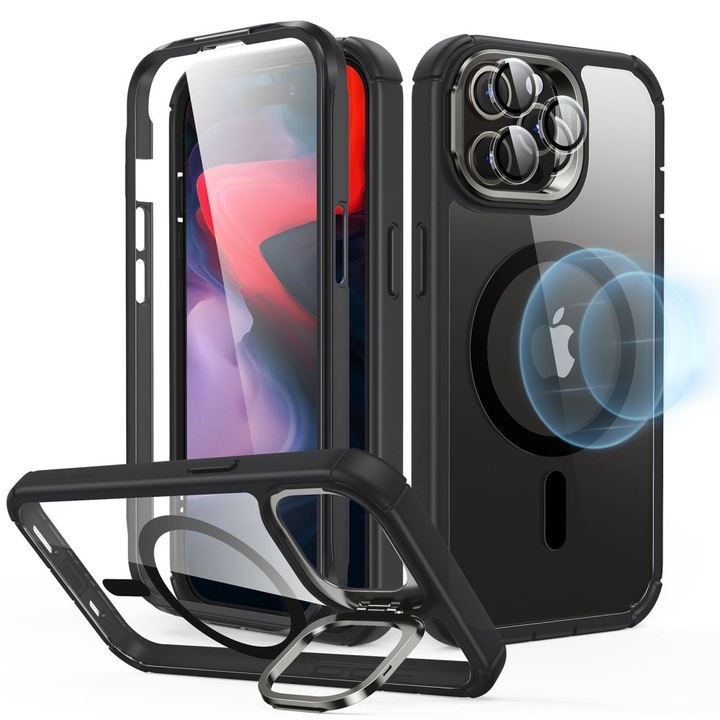 Husa pentru iPhone 15 Pro Max + Folie, Armor Tough Kickstand HaloLock, M532, Policarbonat, Clear Black