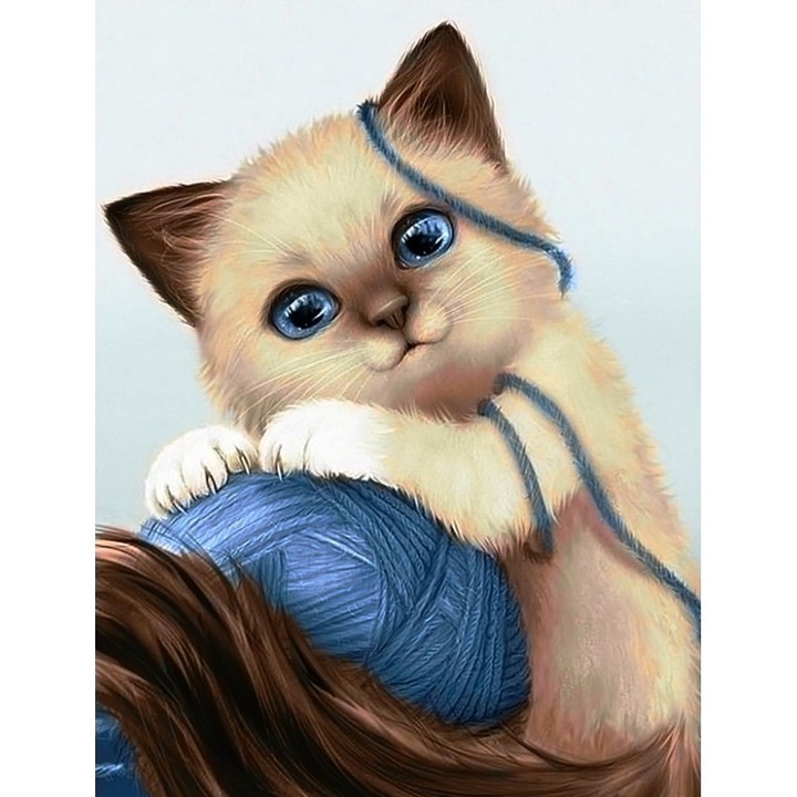 Tablou GM423, Pisicuta cu ghem, cu rama de lemn, Pictura cu Diamante, Goblen cu pietre 5D, 20 x 30 cm
