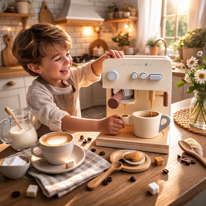 Aparat de Cafea pentru Copii din Lemn Deluxe Barista ideal STORE, Dimensiune 16 x 13 x 22, Include o ceasca de cafea, O piesa de mobilier perfecta in bucataria micului bucatar, Ajuta la dezvoltarea imaginatiei si creativitatii