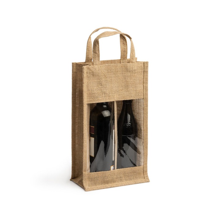 Двойна торба от юта за бутилки вино - с прозорец, Createur, крем+кафява, 21 x 7 x 34 см