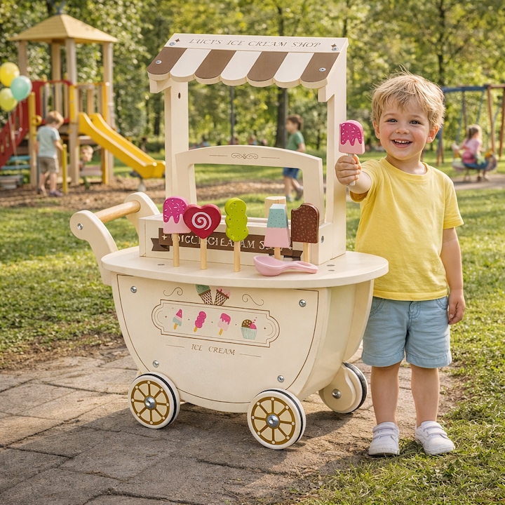 Carucior de Inghetata Ice Cream ideal STORE, Mobil, Dimensiune 41 x 19 x 44 cm, Din Lemn de inalta calitate, Include 10 accesorii, Ajuta la dezvoltarea imaginatiei si creativitatii, Beige Edition