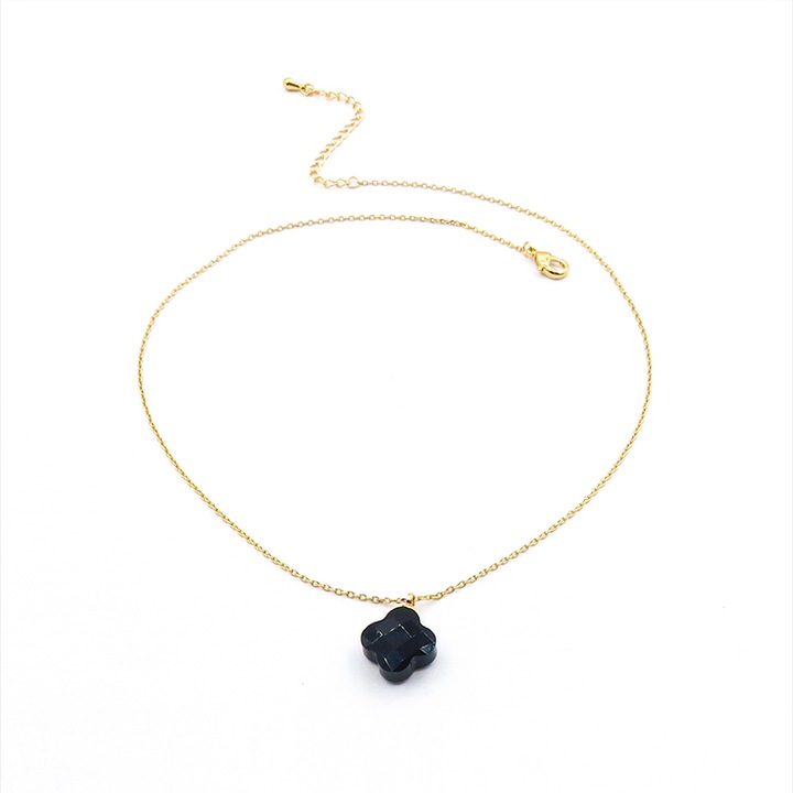 Colier dama, Metal/Agata, Placat cu aur, Auriu/Negru