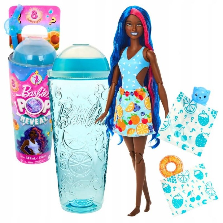 Set Barbie Pop Reveal Cu Accesorii, Barbie, Jucarie Destinata Copiilor De Peste 3 Ani, Slime Colorat Cu Aroma De Cirese, Parul Papusii Isi Schimba Culoarea, Animalut Moale Si Parfumat, Multicolor, 8 Surprize