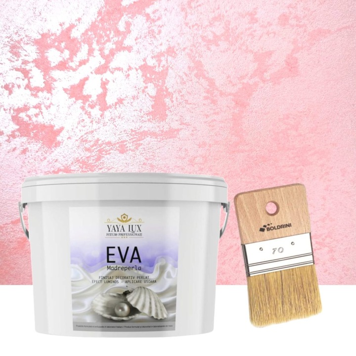 Set vopsea decorativa Eva Madreperla Roz, cu Fulgi de Sticla, 2.5 L si Pensula, 70 mm, YaYa Color
