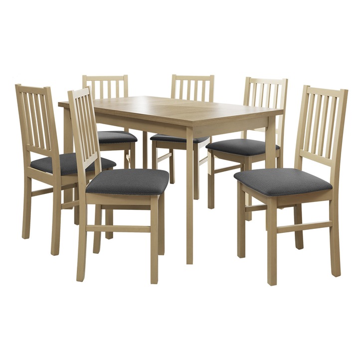 Set pentru bucatarie AL015, 1x Masa extensibila Wood 80 x 140/180 I P, 6x Scaun Zefir VII, MIRJAN24, sonoma / gri inchis