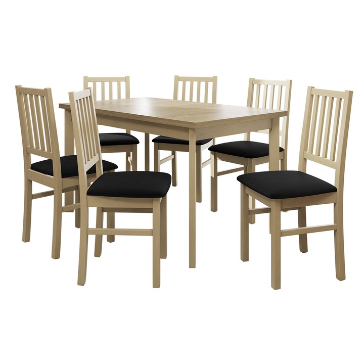 Set pentru bucatarie AL015, 1x Masa extensibila Wood 80 x 140/180 I P, 6x Scaun Zefir VII, MIRJAN 24, sonoma / negru