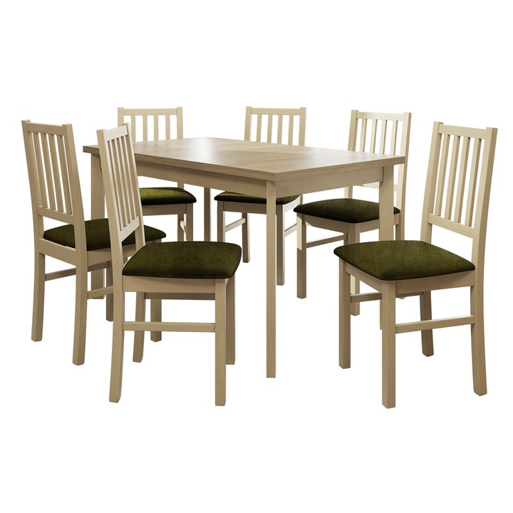 Set pentru bucatarie AL015, 1x Masa extensibila Wood 80 x 140/180 I P, 6x Scaun Zefir VII, MIRJAN 24, sonoma / verde sticla