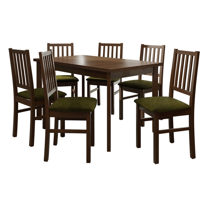 Set pentru bucatarie AL015, 1x Masa extensibila Wood 80 x 140/180 I P, 6x Scaun Zefir VII, MIRJAN 24, nuc / verde sticla
