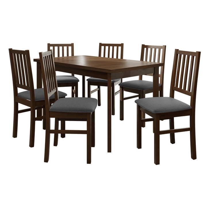 Set pentru bucatarie AL015, 1x Masa extensibila Wood 80 x 140/180 I P, 6x Scaun Zefir VII, MIRJAN 24, nuc / gri inchis
