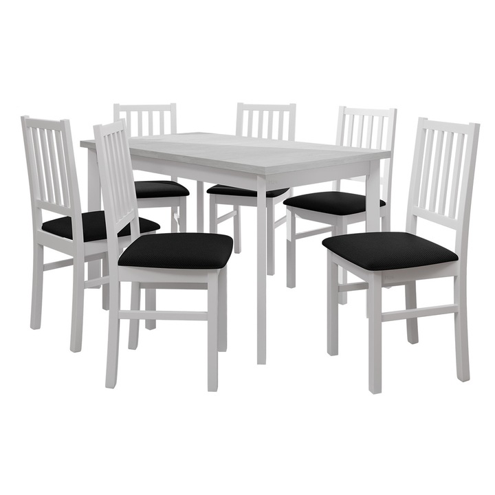 Set pentru bucatarie AL015, 1x Masa extensibila Wood 80 x 140/180 I P, 6x Scaun Zefir VII, MIRJAN 24, alb / negru