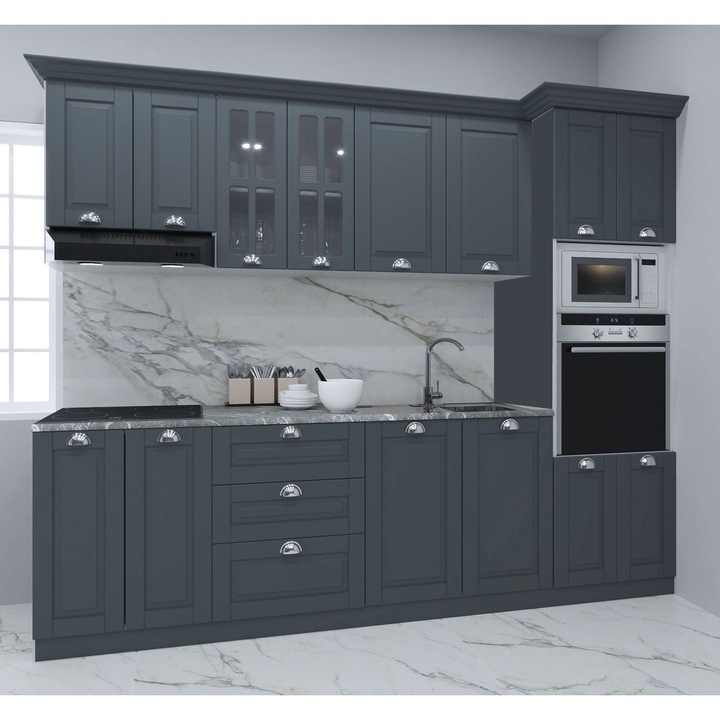 Set bucatarie cu soft-close si fronturi MDF, Badenmob, seria Square, L260x60x2100cm, antracit